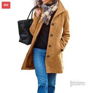 Women's Wool Blend Pea Coat Single Breasted Stand Collar Trench Overcoat